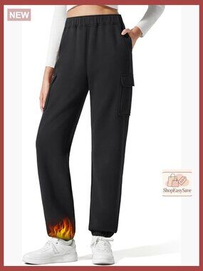 Fleece Lined Joggers Cargo Pants High Rise Tapered Casual Lounge Sweatpants